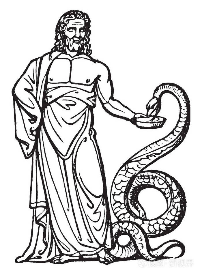 埃斯库拉皮乌斯被认为是医学神根据希腊宗教正在为蛇提供牛奶复古线