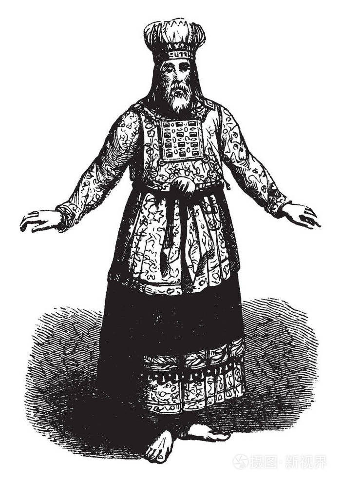 一幅古老的犹太大祭司的照片他站着张开双手画着复古的线条或雕刻插图