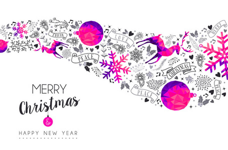 圣诞快乐新年贺卡设计粉红色低聚驯鹿和圣诞节装饰与手绘假日自然形状。 eps10矢量
