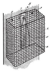 此插图表示笼式邮箱，其中一个框直接连接到建筑复古线绘图或雕刻插图。