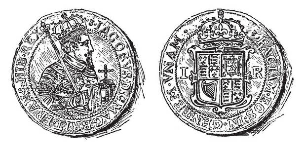 詹姆斯一世的金币，这是第一枚印有英国名字的硬币，老式线条画或雕刻插图。