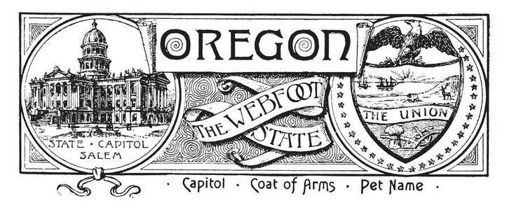 俄勒冈州的国家旗帜韦伯特州这个旗帜在左边右边有国家之家，它显示盾牌与日出海船，马车，麋鹿，谢夫犁和鹰在盾牌上的老式线条绘图或雕刻