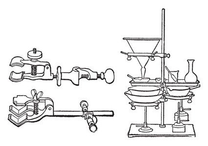 第一幅图像是化学实验室使用的夹子，用来容纳试管和其他设备，老式线条绘制或雕刻插图。