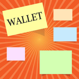 显示钱包的文本符号。概念照片 Pocketsized 平折叠箱持有货币和塑料卡