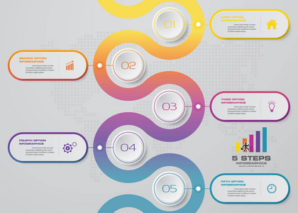 5个步骤的时间表信息要素。 五步信息矢量横幅可用于工作流布局图展示教育或任何数字选项。 eps10。