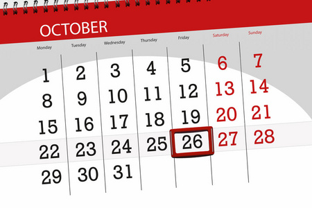 日历计划者为月, 期限天的星期 2018 10月, 26, 星期五