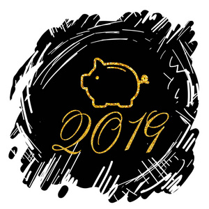 2019年金色新年标志与金色闪光和装载面板在黑色背景。