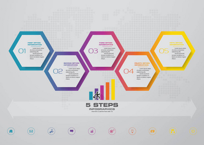 5个步骤的时间表信息要素。 五步信息矢量横幅可用于工作流布局图展示教育或任何数字选项。 eps10。