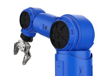 三维渲染蓝色机器人手臂白色背景