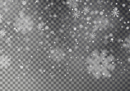 圣诞节落下的雪向量在黑暗背景下被隔离。雪花透明装饰效果