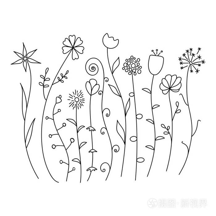 手绘野花素描设置隔离在白色背景上. 春季草药设计.