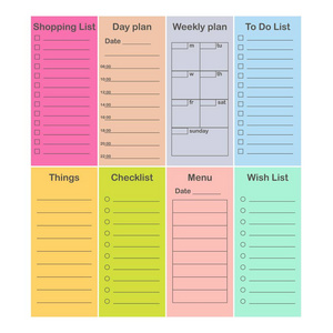 规划师2019套平面风格。 学校办公室和时间管理的时间表模板。 每天每周做清单检查清单菜单购物清单。 矢量插图