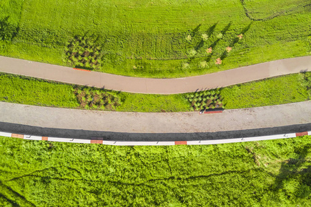 绿色公园道路的俯视图