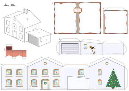 冬天的一所房子的纸模型,里面有圣诞树,雪人和雪顶,还有圣诞老人的