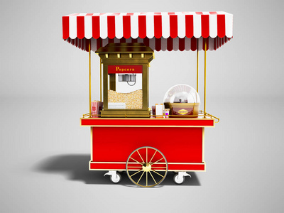 现代销售爆米花从红车3D渲染灰色背景与阴影。