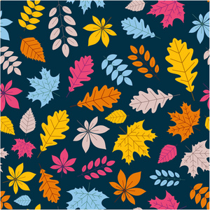 秋天的背景有美丽的五颜六色的叶子。无缝图案。矢量背景。