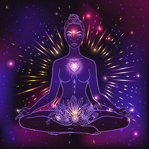 女孩的力量. 冥想瑜伽昆达里尼坦特拉阿育吠陀光环和脉轮. 矢量图.