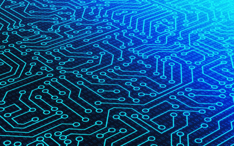 蓝色电路板图案纹理和二进制数数据代码。 高科技背景下的数字计算机技术概念。 三维抽象插图。
