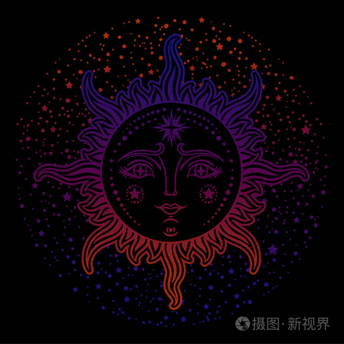 复古插图脸的太阳纹身复古图形. 矢量图.