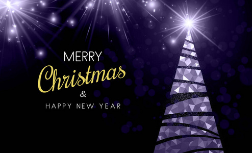 圣诞快乐和新年快乐卡与紫色抽象圣诞树。 具有Bokeh效应的矢量背景。