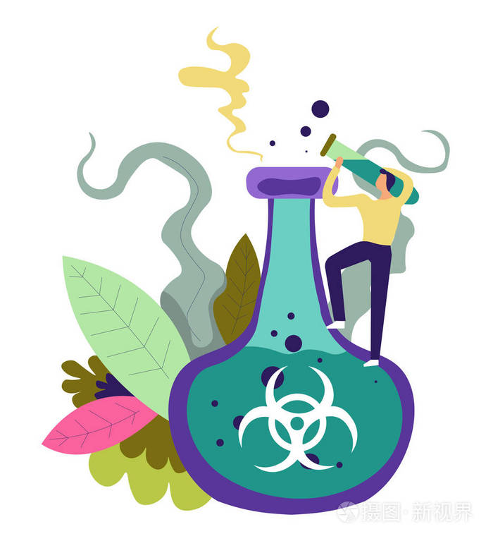 化学物质拯救人类和人类载体科学家用烧瓶浇注成分和成分进入装有危险