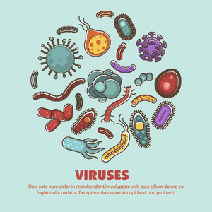 病毒细菌小健康有害生物载体。 不同形状的微小生物，形成分子细胞和微芽孢杆菌细菌。 益生菌的生物学研究与研究