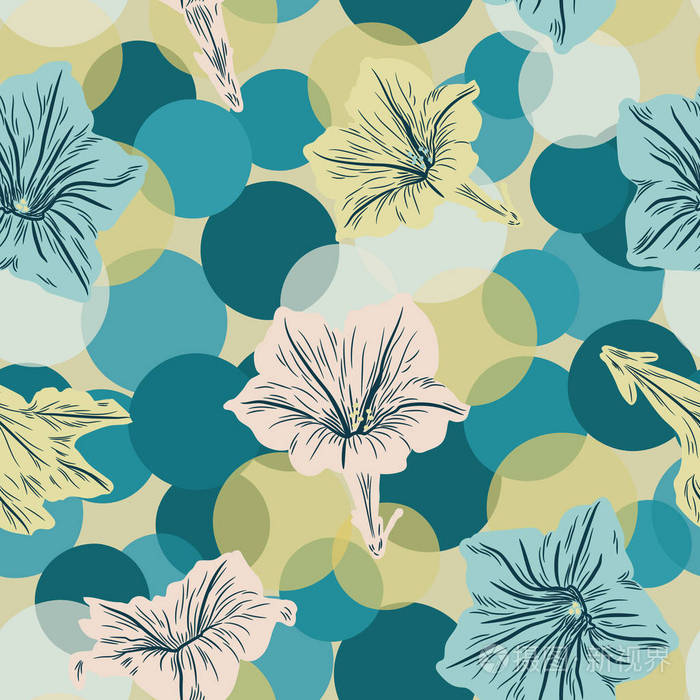 图案,抽象热带花卉,蓝色和米色,圆点背景,用于织物,纺织品或壁纸设计