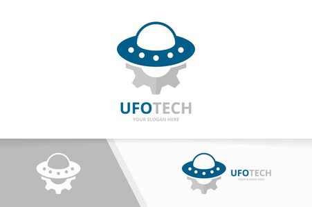 矢量飞碟和齿轮标志组合。宇宙飞船和机械符号或图标。独特的外星和工业标识设计模板