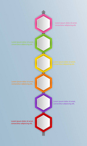 六个多色六边形连接文本框和象形文字信息设计模板。 有效的日常调度任务管理理念。 移动应用博客矢量插图