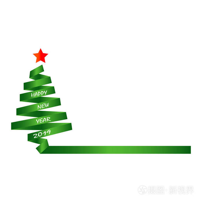 圣诞树的剪影从丝带上带着绿色的渐变，上面写着新年快乐