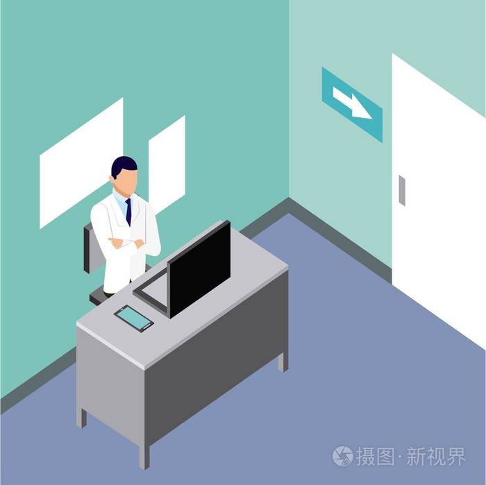 医务人员健康医生在他的办公室工作,检查矢量插图