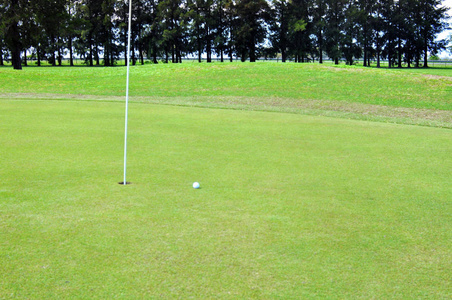 高尔夫球在靠近球洞的绿地上