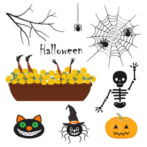 s feet and hands, spider in witch hat, skeleton, pumpkin, tree b