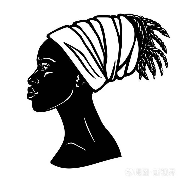 戴头巾的年轻非洲女人的动画肖像侧写视图单色线性绘图在白色背景上