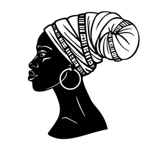 戴头巾的年轻非洲女人的动画肖像 侧写视图 单色线性绘图