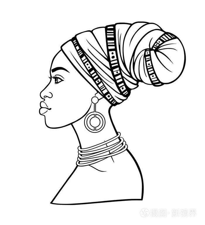 戴头巾的年轻非洲女人的动画肖像. 侧写视图. 单色线性绘图.