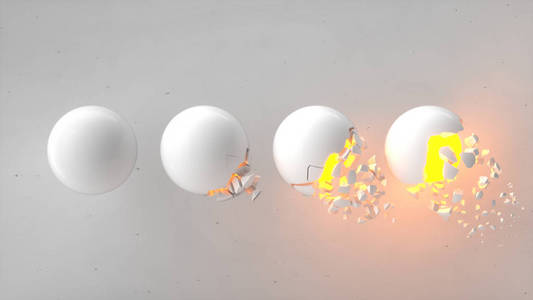 破碎的白色球体，里面有橙色的光芒，白色背景上的碎片掉落。 毁灭的概念。 抽象三维渲染插图。