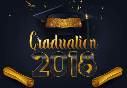 毕业2018派对邀请卡，带帽子和长金丝带和纸屑