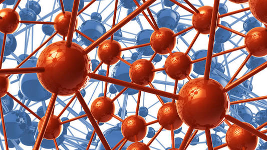 蓝色和橙色分子几何混沌的抽象结构。科技网络连接高科技背景3d 渲染插图