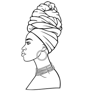 戴头巾的年轻非洲女人的动画肖像. 侧写视图. 单色线性绘图.