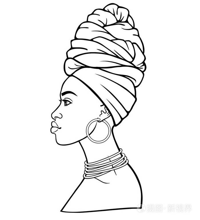 戴头巾的年轻非洲女人的动画肖像侧写视图单色线性绘图在白色背景上