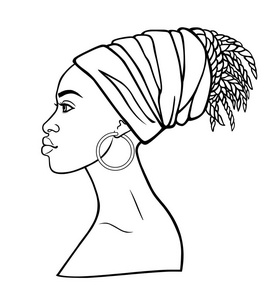戴头巾的年轻非洲女人的动画肖像. 侧写视图. 单色线性绘图.