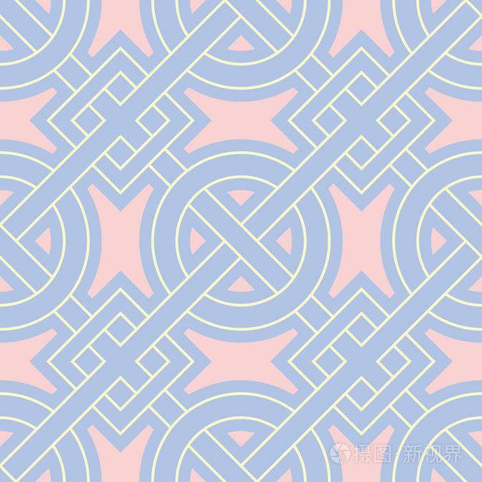 几何蓝色无缝图案与米色和粉红色元素的壁纸，纺织和织物