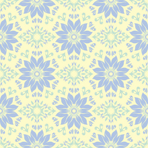 花卉无缝图案。 米色背景，浅蓝色和绿色花卉元素的壁纸，纺织和织物
