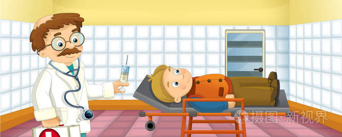 卡通场景,病人和医生在医院为儿童插图
