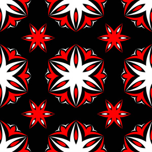 花卉无缝图案。 壁纸纺织品和织物的黑色红色和白色背景。