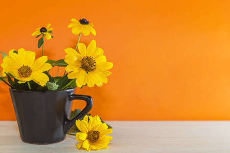 花卉节日背景。 黄色明亮的花园花在陶瓷杯上的橙色背景和复制空间。