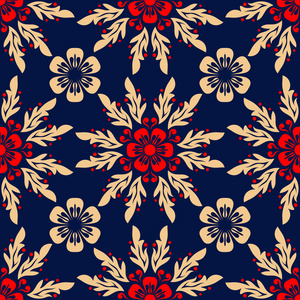 蓝色无缝背景。 壁纸和纺织品的花米色和红色图案