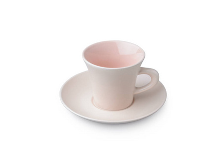 粉红色咖啡杯隔离在白色上。 瓷质玻璃