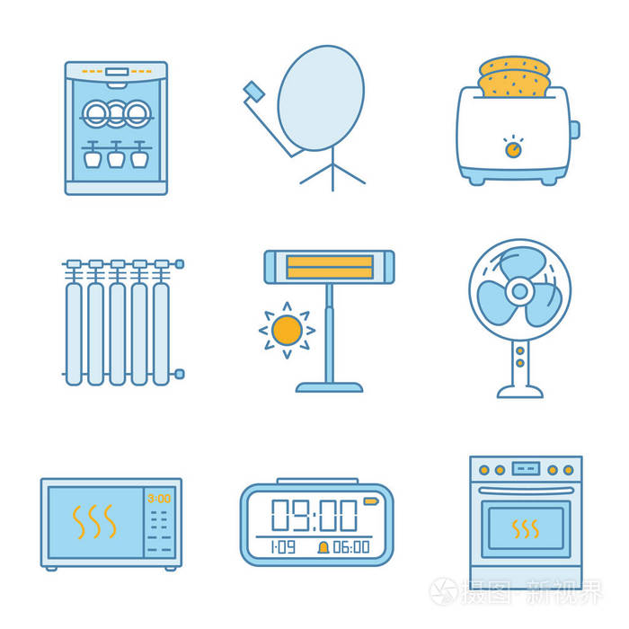家用电器颜色图标设置 洗碗机卫星碟片烤面包机散热器红外加热器地板风扇微波炉数字时钟厨房炉子 孤立矢量插图插画 正版商用图片13d8qg 摄图新视界